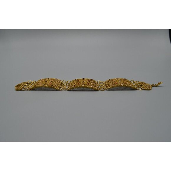 Filigree Panel Bracelet Gold Tone Red Stone Accents 8" Ornate Wide - Picture 3 of 12